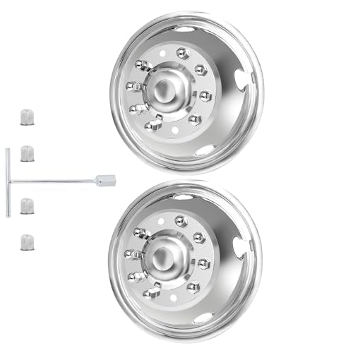 hightall 2Pcs Front Wheel 19.5 Wheel Simulators, 19.5" 10 Lug Stainless Steel Hubcaps,Polished Surface,Bolts On Wheel Cover Set Compatible with Ford 2005-2025 F450/F550 - size: 19.5" Front Wheel For 2005-2025 F450 F550