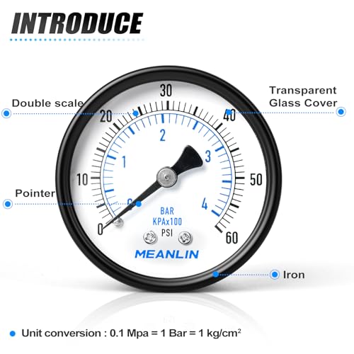 MEANLIN MEASURE 0-60Psi 2" DIAL FACE 1/8" NPT Well Pump Pressure Gauge, with 1/4" NPT and 3/8" NPT Hex Bushing, 3-2-3% Accuracy, Center Back Mount - color: 1/8"NPT Back Mount, size: 0-60Psi