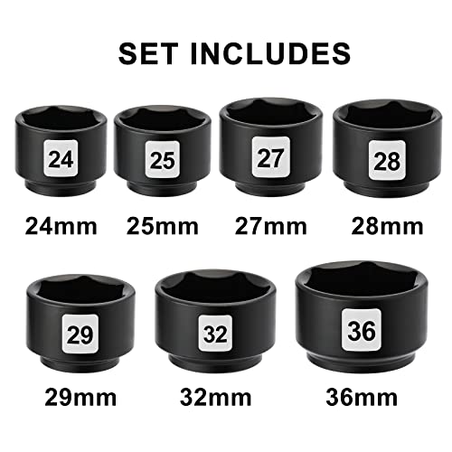 Mayouko 7 Pieces 3/8" Drive Low Profile Oil Filter Wrench Socket Set, Oil Filter Cap Remove and Install Tool Kit, 24mm, 25mm, 27mm, 28mm, 29mm, 32mm, 36mm, CR-V - size: 7PCS- 24,25,27,28,29,32,36mm