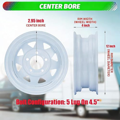 Trailer Tires Rims ST175/80D13 175 80 13 Tire, 5 Lug on 4.5", White Spoke Wheel Load Range C, 6 PLY, Set of 2 - size: ST175/80D13, style: 5 Lug