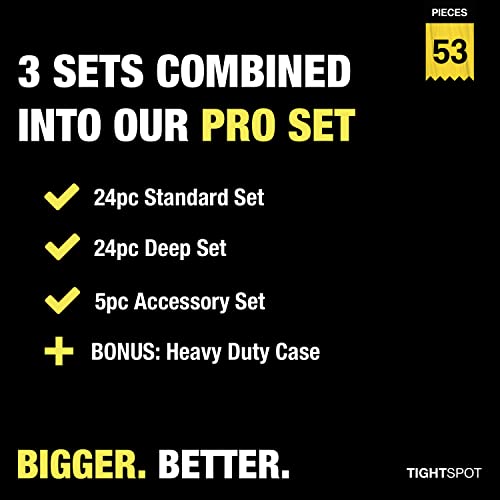 TIGHTSPOT 1/4" Drive 53pc Impact Socket PRO SET, our Most Popular Set Ever with SAE & Metric from 3/16 Inch - 9/16 Inch, 4mm-15mm, Standard/Deep Sockets, Extension Bars, Adapter & More - size: 1/4” Drive 53pc Impact Socket Set