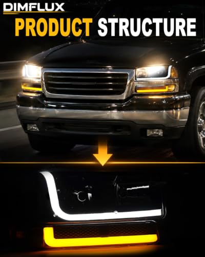 fit1999-2006 GMC Sierra 1500 2500 3500 Headlights w/Dual LED DRL for Yukon XL 1500 2500 NO Denali Trim Models Black Housing Amber Reflector - color: Black Housing Amber Reflector