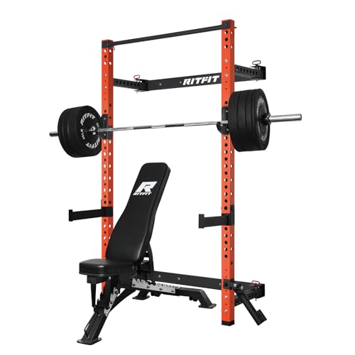RitFit 2.36'' x 2.36'' Folding Squat Rack for Home Gym, Wall Mounted Squat Rack with Attachments - Space Saving Squat Power Rack - color: Orange, style: Folding Squat Rack with RP230LBS