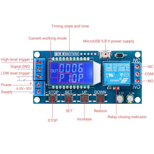 DROK Timer Relay 2pcs, DC 6V-30V LCD Display Time Delay Relay Cycle Timer 0.01s-9999mins with Input 5V Micro USB Port - color: Blue, size: 2pcs