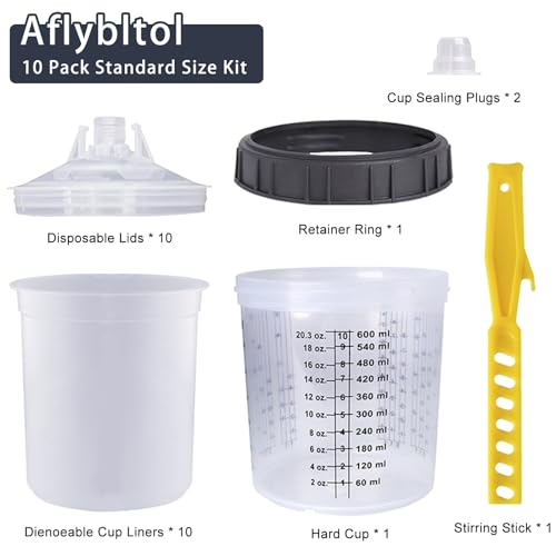 Disposable Paint Sprayer Mixing Cup for Automotive Paint Gun, HVLP Paint Spray Paint Gun 20 Ounce (600ml) Kit with 10 Cups and Lids System, 1 Hard Cup with Retainer Ring and 2 Plugs - size: 20 Ounce Kit