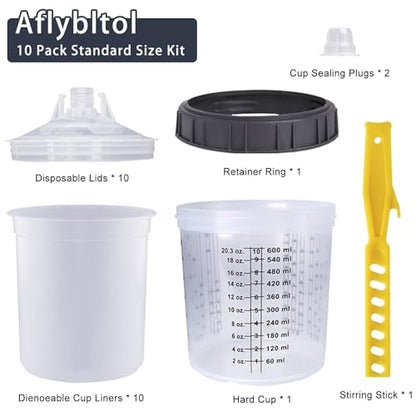Disposable Paint Sprayer Mixing Cup for Automotive Paint Gun, HVLP Paint Spray Paint Gun 20 Ounce (600ml) Kit with 10 Cups and Lids System, 1 Hard Cup with Retainer Ring and 2 Plugs - size: 20 Ounce Kit