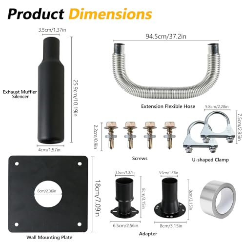 Generator Exhaust Extension Silencer Kit - Extended 32” Pipe & 2 Adapters for Universal Fit with Heat-Resistant Wall Plate to Safely Vent Fumes Outside & Reduce Noise Over 50%