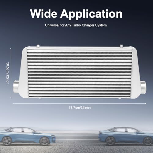 Universal Front Mount Intercooler, 3" Inlet/Outlet Aluminum Turbo Intercooler, Overall size 31"x12"x4", Coresize 24"x12"x3.5" (3" Inlet/Outlet, 31"x12"x4")