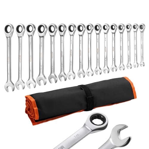 VEVOR Combination Wrench Set, 16-Piece SAE Sizes, 72 Teeth, Cr-V Steel Ratcheting Wrench Set, with Roll Up Pouch, Open End, Clear Size Labels, for General Household and Automotive Repairs, Silver - size: 16PCS