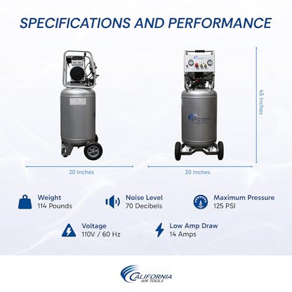 California Air Tools 20020 2.0 HP Ultra Quiet and Oil-Free Air Compressor with Wheels, 20 Gallon Tank Capacity, 70 dB Noise Level, Electric, Portable - style: Steel Tank, 110v