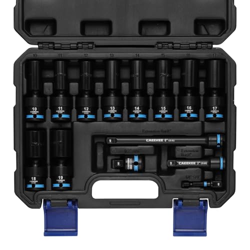 3/8" Drive Deep Universal Impact Socket Set, 14-Piece Swivel Socket Set, Cr-Mo, 6 Point, Metric(10-19mm), Flexible Wobble Socket Set, Includes Extension Bars and Adapters