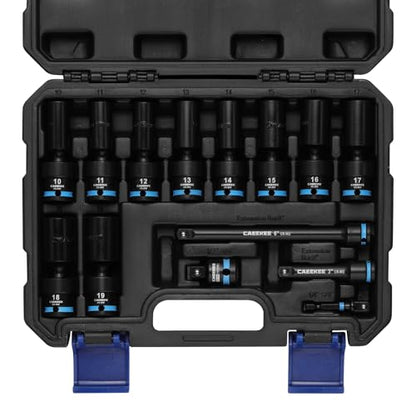 3/8" Drive Deep Universal Impact Socket Set, 14-Piece Swivel Socket Set, Cr-Mo, 6 Point, Metric(10-19mm), Flexible Wobble Socket Set, Includes Extension Bars and Adapters