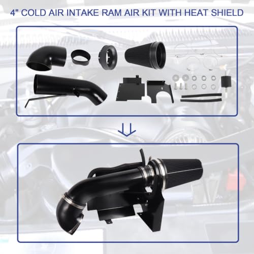 4" Cold Air Intake Kit with Heat Shield Replacement For Silverado 1500/2500/3500 1999-2006 for GMC/Chevy Sierra V8 4.8L/5.3L/6.0L 1999 2000 2001 2002 2003 2004 2005 2006 (Black & Black) - color: Black & Black