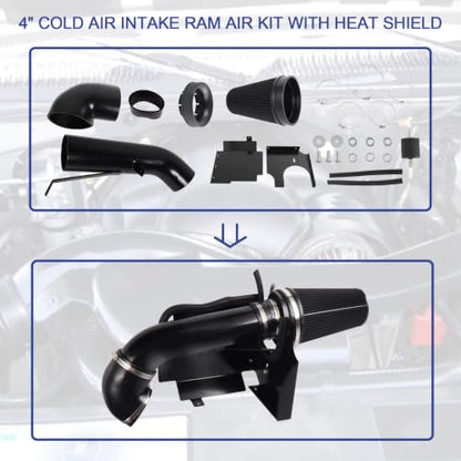 4" Cold Air Intake Kit with Heat Shield Replacement For Silverado 1500/2500/3500 1999-2006 for GMC/Chevy Sierra V8 4.8L/5.3L/6.0L 1999 2000 2001 2002 2003 2004 2005 2006 (Black & Black) - color: Black & Black