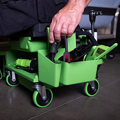 OEMTOOLS Sidekick Rolling Mechanic Stool – 5 Tool Trays, Cushioned Seat, 330 lb Capacity (Green)