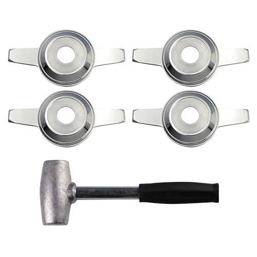 Zenith Style 2 Ear Cut Spinner Caps (Set of 4) + Lead Hammer | Triple Chrome Plated 2 Bar/Wing Straight Knock Off Spinner Caps with Wheel Chip Recess | for Lowriders with Wire Rims - color: Chrome, style: Set of 4 + Lead Hammer