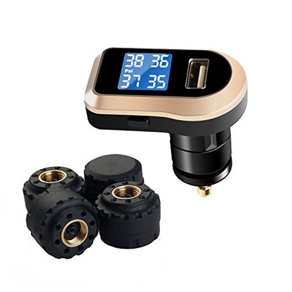 Wireless Tire Pressure Monitoring System, Universal TPMS with Real-Time LCD Display, 5 Alarm Modes, 4 Advanced Waterproof Sensors, 2-Year Battery Life, Cigarette Lighter Plug, 0-6Bar/ 0-87PSI - size: rectangle display