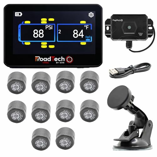 RoadTech TPMS Kit 10 Cap Sensors - Tire Pressure Monitoring System for RVs, Trailers & Tow Vehicles, Real-Time Pressure & Temperature Alerts, Easy Install, Color Display - size: 10 Sensors, style: Cap