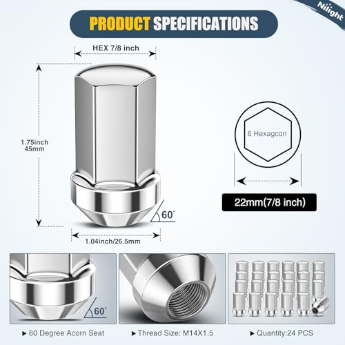 Nilight 24PCS M14x1.5 Lug Nut One-Piece Compatible with 2012-2024 RAM 1500 - color: Silver, size: 24PCS Chevy Silverado/GMC Sierra 1500 1999-2025