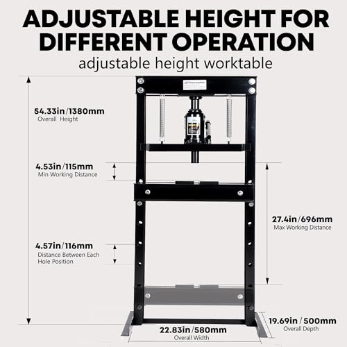 20 Ton H-Frame Hydraulic Shop Press with Adjustable Work Table & Plates - color: Black