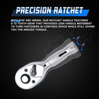 1/4 Inch Drive Stubby Ratchet Mini Ratchet Wrench,1/4 Socket Wrench, 72-Tooth Quick-Release，Reversible,Chrome Vanadium Alloy Steel for Durability - size: 1/4-inch Single, style: Stubby-Metal handle
