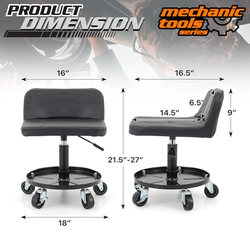 M-AUTO Padded Seat Mechanic Stool with Wheels, 16”-21” Height Adjustable Swivel Mechanics Seat with Tool Tray Storage for Garage and Garden, 300lbs Capacity - size: 21" Round