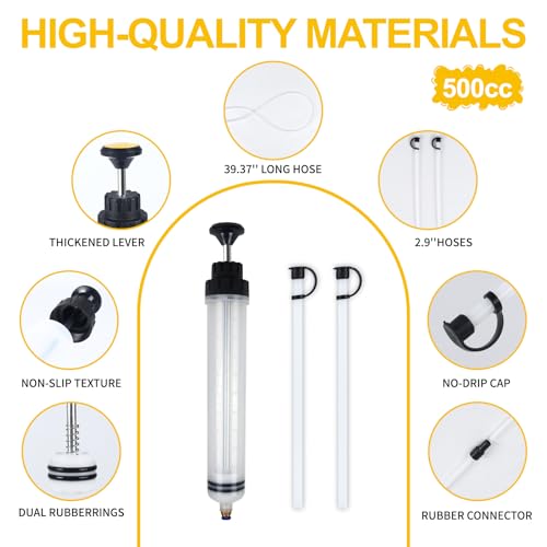 500CC Automotive Fluid Extractor with 39'' Long Hose & ExtensionTubes, Portable Oil Extractor Pump for Oil Change, Large Fluid Pump with Clear Scale & Transparent Body for DIY Maintenance