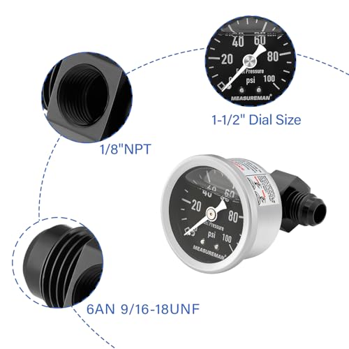 MEASUREMAN 0-100Psi Stainless Steel Glycerin Filled Fuel Pressure Gauge, 1-1/2" Black Dial, with 6AN Fuel Pressure Take Off Fitting Adapter Aluminum, 1/8" NPT Center Back Mount - size: 0-100 psi, style: Back Mount 6AN Adapter (Black Dial)