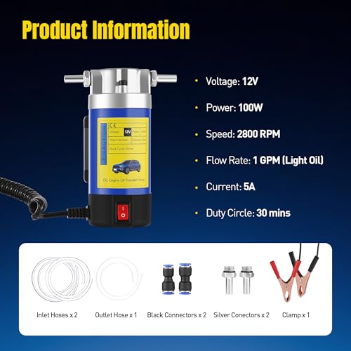 12V 100W Oil Extractor Pump, Electric Oil Change Pump for Engine Oil, Gear Oil, Transmission Fluid Draining, Self-Priming Oil Transfer Pump, Automotive Fluid Transfer Pump for Car, Mower, Marine
