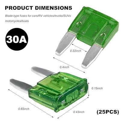 25 PCS 30 Amp Mini Car Fuses, 30A Automotive Blade Fuse Replacement, Auto Fuse Kit for Car RV Truck Motorcycle SUV Boat - color: 30A