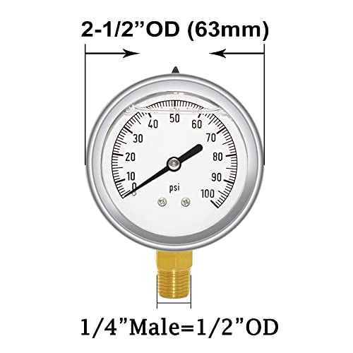 Joywayus Pressure Gauge 0-100 PSI Brass 1/4" NPT Male Thread Lower Mount, Glycerin Filled, Stainless Steel Case, Multiple Function - size: 0-100PSI--1/4", style: Glycerin Filled
