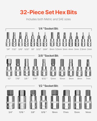 VEVOR Hex Bit Socket Set, 32-Piece, S2 Alloy Steel and Cr-V Steel, Standard SAE and Metric, 1/4 in, 3/8 in, and 1/2 in Drives, with Enhanced Storage Case, Allen Socket Set for Mechanics, Auto Repair - size: 32 PCS