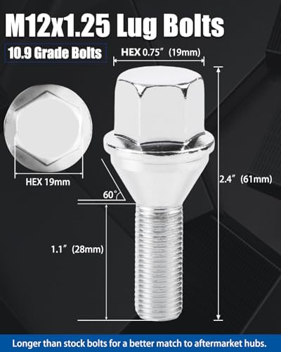 GAsupply 12x1.25 OEM Lug Bolts, 28mm Shank Length Cone Seat 3/4" Hex, 5pcs - color: Silver, size: 5pcs