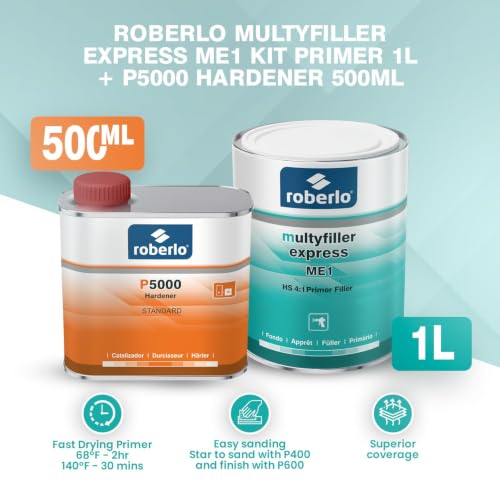 Roberlo Multyfiller Express ME1 Primer Filler 1L + P5000 Hardener 500ml – 2K Acrylic High Build Primer for Steel & Aluminum – Fast-Drying, Easy Sanding Car Repair Kit - size: 1L Primer + 500ml Hardener