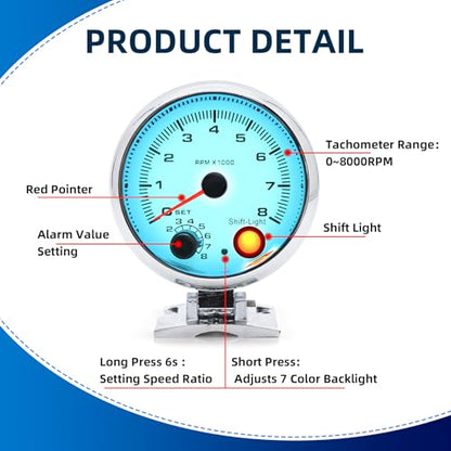 MH 3.75 inch (95mm) Tachometer with Shift Light, 8000 RPM Gauge, 7 Color Backlight Tach AUTO Gauge for 12V Car White Face - color: White