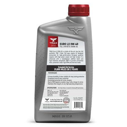 TRIAX Euro LX 5W-40 Full Syn Engine Oil - Compatible with BMW LL01, MB 229.5, 226.5, Audi/VW 502.00, 505.00, MS-12991, Porsche A40 (6 Quart Pack) - size: 6 Quart Pack