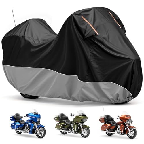 Waterproof Motorcycle Cover 420D Heavy Duty with Side Top Box Compatible with Harley Davidson Touring,Touring Ultra Limited Road King Street Glide Road Glide Electra Glide(116" x 47" x 53") - color: Gray