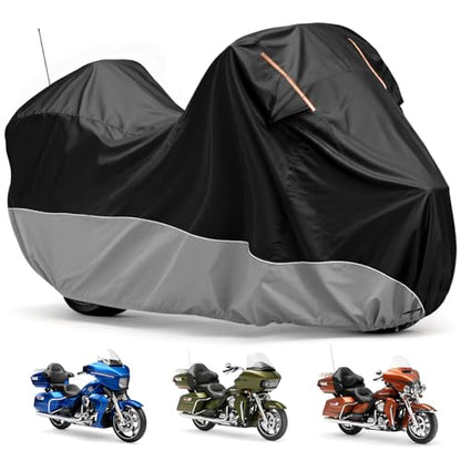 Waterproof Motorcycle Cover 420D Heavy Duty with Side Top Box Compatible with Harley Davidson Touring,Touring Ultra Limited Road King Street Glide Road Glide Electra Glide(116" x 47" x 53") - color: Gray