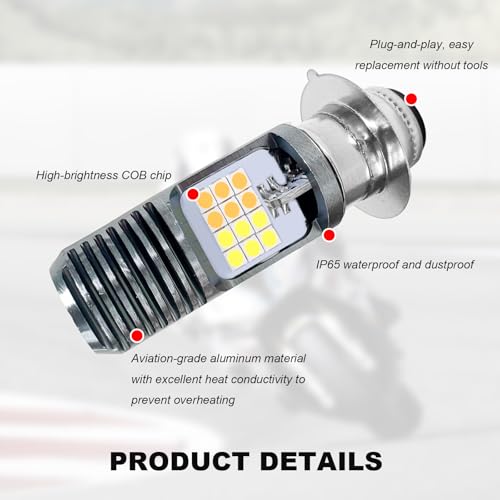 9-16V H4 LED Motorcycle Headlight Bulbs, Super Bright 3030 Chips Bulb Halogen Lamp Replacement, Waterproof High/Low Beam LED Headlight Bulb for Most Motorcycles ATVs (PX15D, White & Yellow) - color: PX15D, White & Yellow