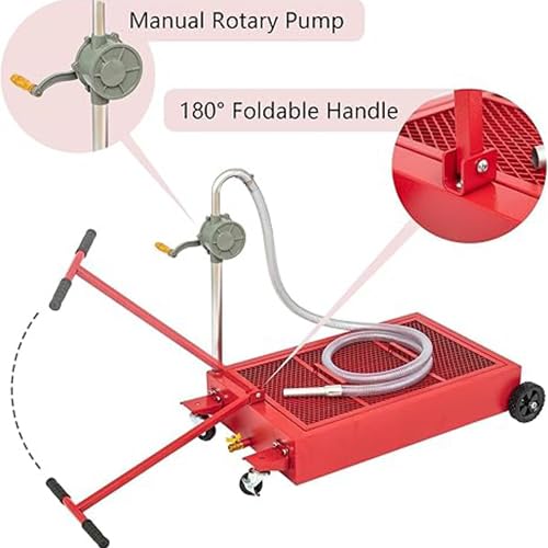 25 Gallon Low Profile Oil Drain Pan, Rolling Tank with Manual Pump, Red - color: Red, size: 25 gallon