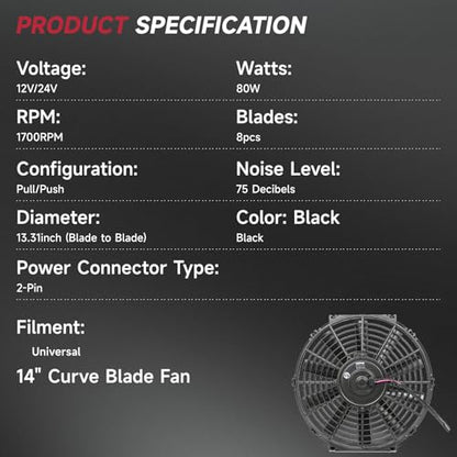 VibeUp 14" Inch Universal Slim Pull Push Racing Electric Radiator Fan Engine Cooling, 12V Mount Kit, Black - size: 14 Inch