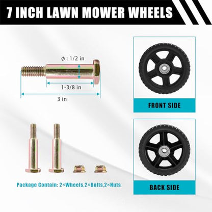 Lawn Mower Wheels 7 Inch, Push Mower Plastic Wheels, Set of 2 Wheels Kit for Push Mowers with Bolts & Nuts fits Craftsman Mower, Generator, Garden Tiller Most Standard Lawn Mowers (7×1.75'') - size: 7 inch