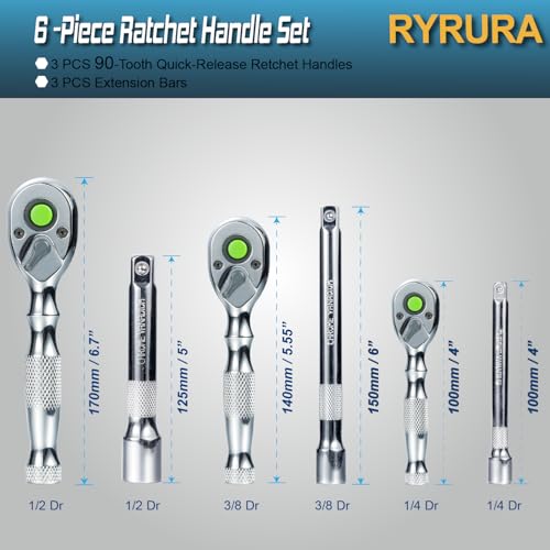 6-Piece Ratchet Set,1/4",3/8",1/2" Drive,Reversible Ratchet Wrench with Extension Bar,90-Tooth,Quick-Release,Chrome Alloy Made,Mens Stocking Stuffers Gifts for Men Gifts for Women - size: 1/4-inch+3/8-inch+1/2-inch Set, style: Combination-metal handle