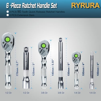 6-Piece Ratchet Set,1/4",3/8",1/2" Drive,Reversible Ratchet Wrench with Extension Bar,90-Tooth,Quick-Release,Chrome Alloy Made,Mens Stocking Stuffers Gifts for Men Gifts for Women - size: 1/4-inch+3/8-inch+1/2-inch Set, style: Combination-metal handle