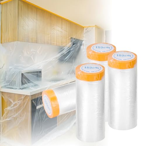 Pre-Taped Masking Film 4 Pack 59 in x 65 feet Rolls, Tape and Drape, Painters Plastic Drop Cloth for Automotive Painting Covering, House Decoration Furniture Floor Dustproof Cover - color: White, size: 59 in x 65 feet