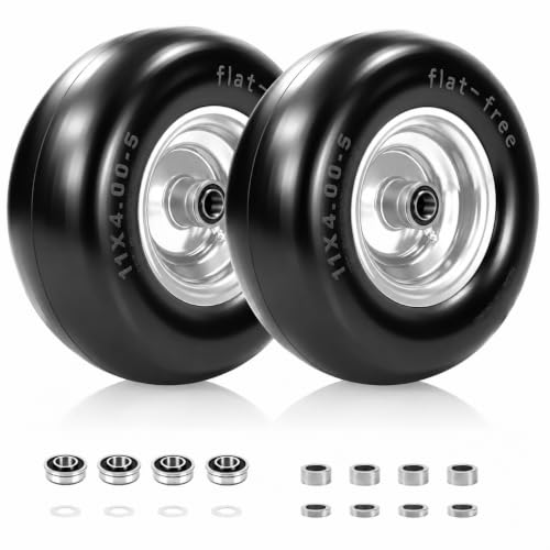 2 Pcs 11x4.00-5 Flat Free Lawn Mower Tire and Wheel, 3/4" & 5/8" Bearings - size: 2 Pcs 11x4.00-5 Flat Free
