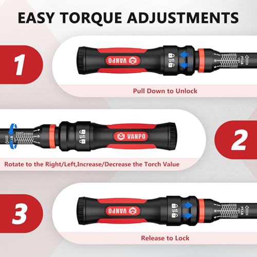 VANPO Torque Wrench 1/2-Inch Drive, 10-170.0ft.lb/13.60-230.5Nm,72 Tooth, TRP+ABS Plastic Handle, Click Torque Wrench with 1/2" to 3/8" Adapter & 125mm Extension Bar for Moto, Automotive Maintenance