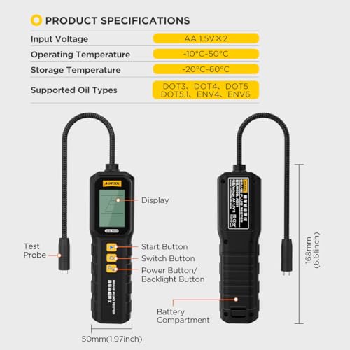 Brake Fluid Tester, Professional Automotive Brake Fluid Water Content Detector with 1.8" HD Backlit Display, Compatible with DOT3/DOT4/DOT5/DOT5.1/ENV4/ENV6