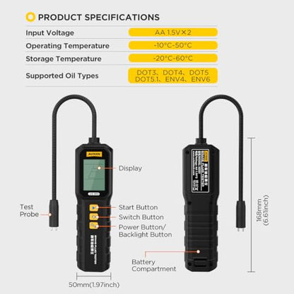 Brake Fluid Tester, Professional Automotive Brake Fluid Water Content Detector with 1.8" HD Backlit Display, Compatible with DOT3/DOT4/DOT5/DOT5.1/ENV4/ENV6
