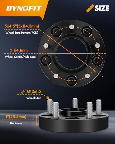 dynofit 5x4.5 Hubcentric Wheel Spacers 1" for Hon-da Accord Civic Acura CR-V HR-V Element Crosstour | Set of 4pcs 25mm Wheel Adapter for TL TLX CSX ILX TSX CL 64.1mm Bore M12x1.5 Studs